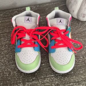 Jordan Kids Sneakers in White, Green, and Blue with Pink Accents